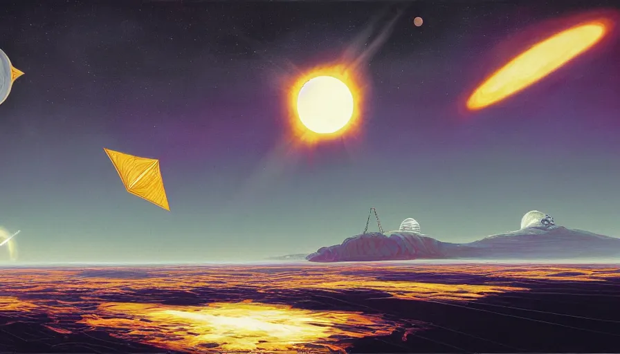 Prompt: solar sail between earth and sun, seen from space, simon stalenhag