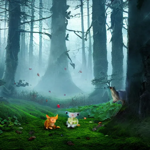 Prompt: two fantasy woodland animals playing, made of felt and cloth and beads, in a lush dark magical forest with tall trees and moss and mist, light streaming through the trees, felting, haunting and spooky, wide shot, cinematic lighting