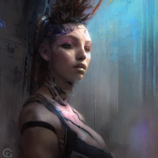 Prompt: a cybergoth, dystopian mood, sci-fi character portrait by gaston bussiere, craig mullins