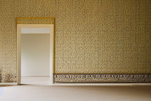 Image similar to an endless space of empty intertwining rooms with old yellowed wallpaper from the 1970s and beige carpet lit by tungsten lights