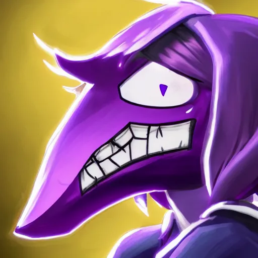 Prompt: susie from deltarune, purple skin, fantasy painting, smile, headshot, dramatic lighting, profile photo