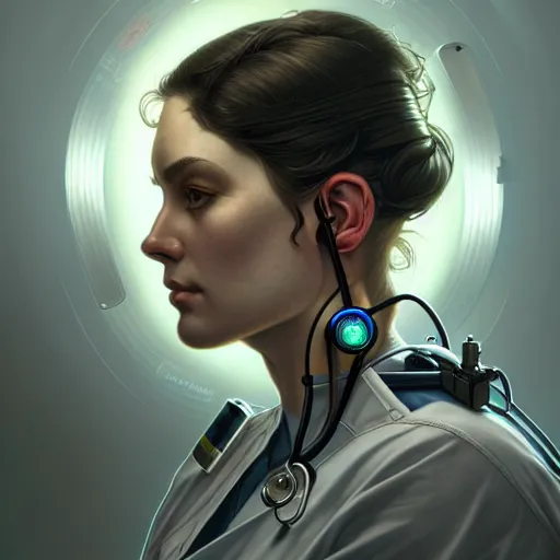 Image similar to portrait of medical paramedic cyborrg,wires,gadgets,cables,lenses,gears intricate, elegant, highly detailed, digital painting, artstation, concept art, smooth, sharp focus, illustration, art by artgerm and greg rutkowski and alphonse mucha