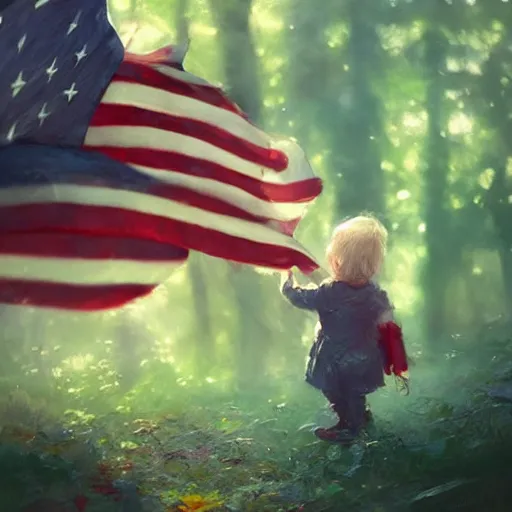 Image similar to child's hand holding a very tiny american flag in the forest, digital art by ruan jia and mandy jurgens and artgerm, highly detailed, trending on artstation, award winning