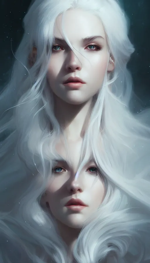 Image similar to portrait of a beautiful girl, flowy white hair, cinematic lighting, highly detailed, dark forest, digital painting, trending on artstation, pixiv, concept art, sharp focus, illustration, art by ross tran and wlop