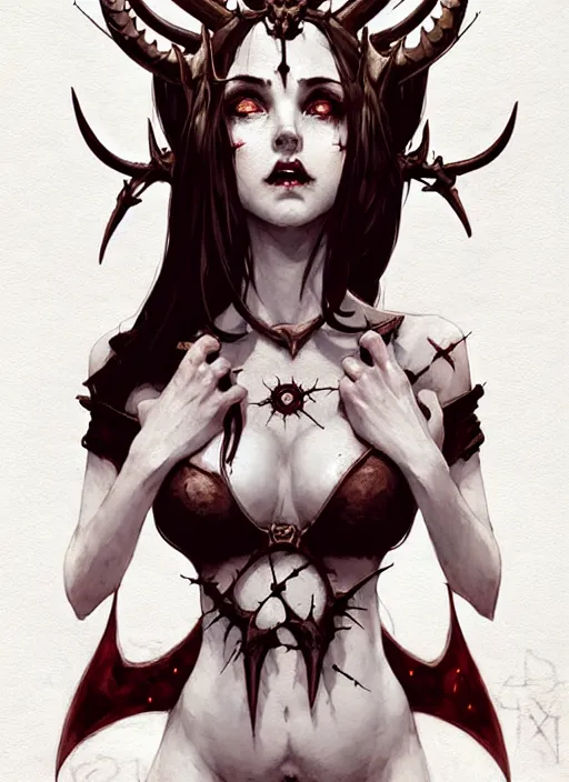 Image similar to portrait of cute succubus girl with crown of thorns and horns covered with runic tattoos, warhammer, dark fantasy, by atey ghailan, by greg rutkowski, by greg tocchini, by james gilleard, by joe gb fenton, by in kaethe butcher, dynamic lighting, gradient light red, brown, blonde cream and white color in scheme, grunge aesthetic