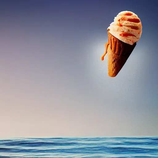 Image similar to a detailed photograph of a levitating ice cream cone growing out of a hamburger hovering over the ocean