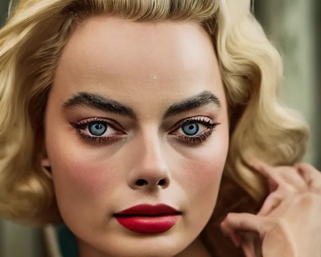 Image similar to a mix of margot robbie and mariyln monroe, hyper realistic face, beautiful eyes, cinematic, long shot, hyper detailed, 8 5 mm photograph, 8 k resolution, film still, sharp lens, wide lens