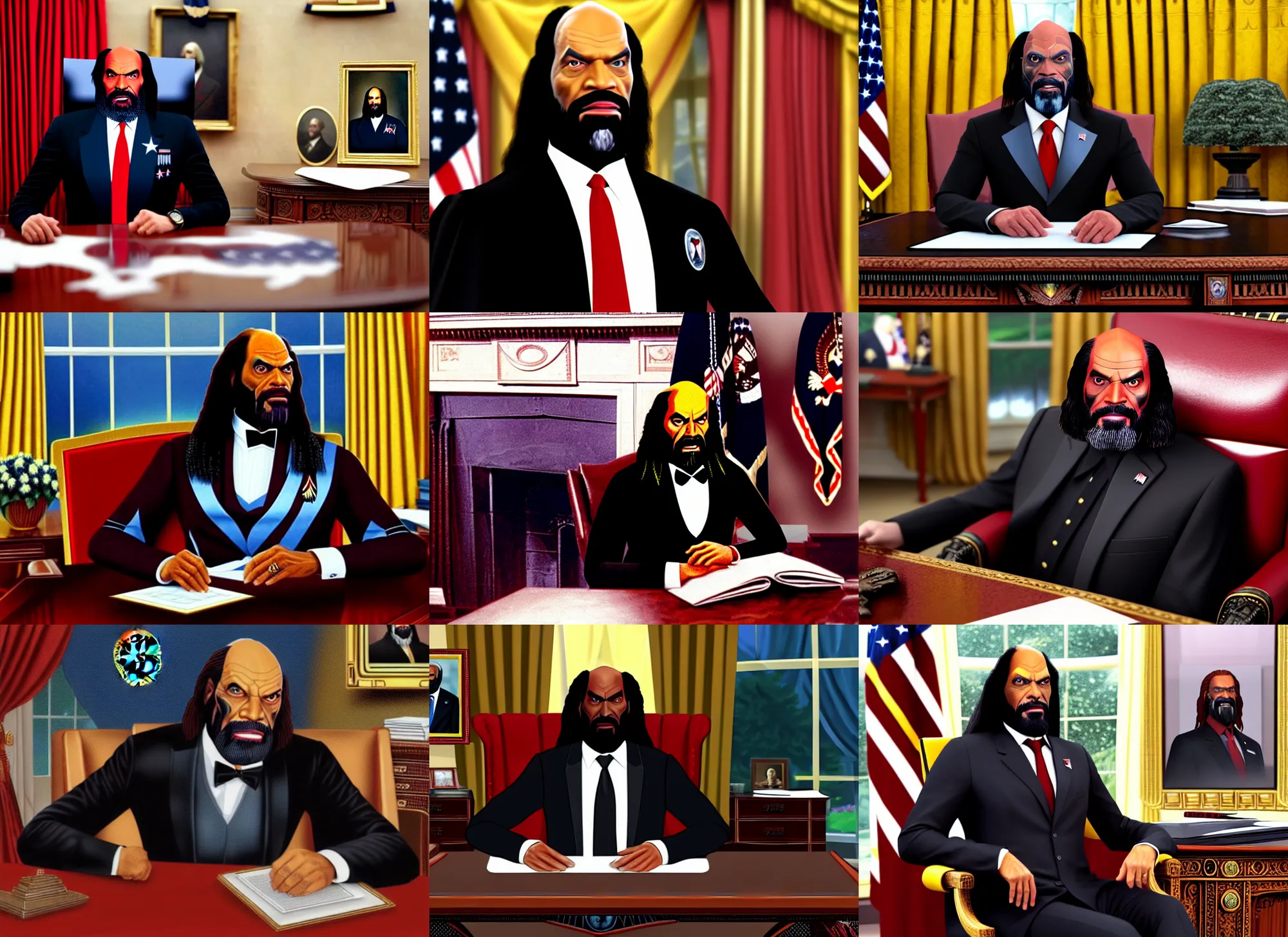 Prompt: photograph of klingon worf as president of the united states ( ( wearing a suit and tie ) ), 2 0 2 4 in the oval office interior, klingon weapons decorating the walls, realism, moody,, detailed, skin tinted a warm tone, realistic, photoreal, detailed