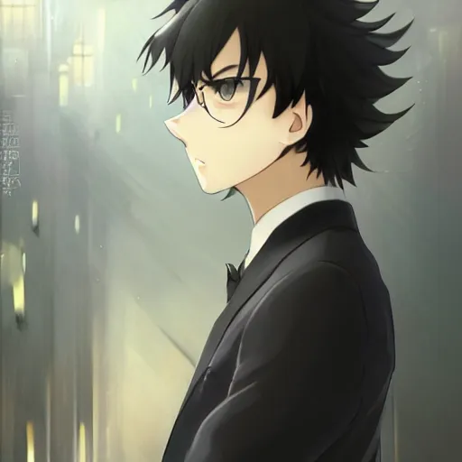 Image similar to full body portrait character concept art, anime key visual of decadent young anime male in black suit, green long hair and brown eyes, finely detailed perfect face studio lighting delicate features directed gaze, gapmoe kuudere grimdark, trending on pixiv fanbox, painted by greg rutkowski makoto shinkai takashi takeuchi studio ghibli