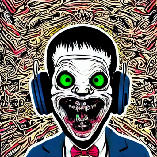 Prompt: artgerm, psychedelic laughing cronenberg friendly looking horror creature, rocking out, headphones dj rave, digital artwork, r. crumb, svg vector