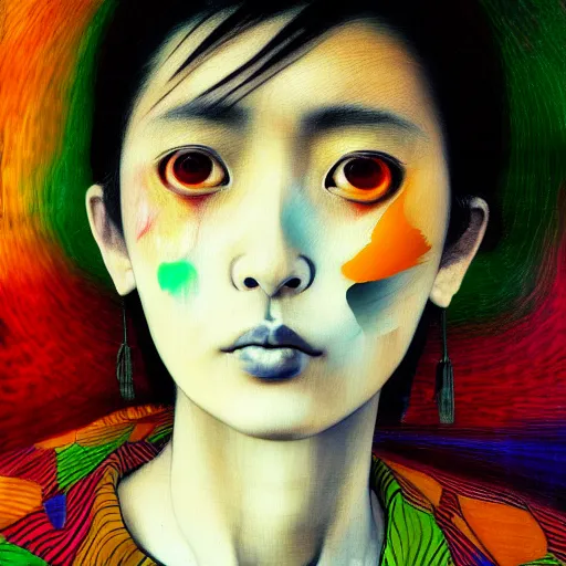 Image similar to yoshitaka amano blurred and dreamy realistic three quarter angle portrait of a mexican woman with short hair and black eyes wearing mariachi suit, junji ito abstract patterns in the background, satoshi kon anime, noisy film grain effect, highly detailed, renaissance oil painting, weird portrait angle, blurred lost edges