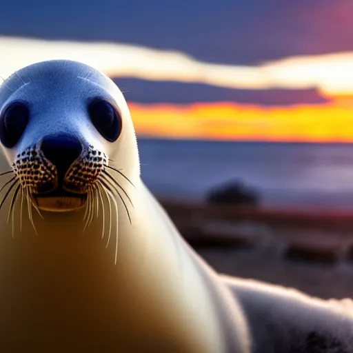 Image similar to arctic seal staring into the eyes of a beautiful man with brown curly hair, high cheek bones, small nose and blue eyes, golden sunset in the background, side profile view, high detail, cinematic, digital art