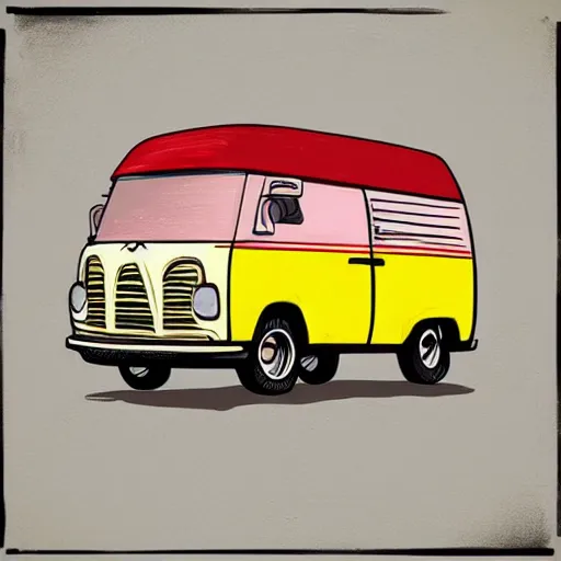 Image similar to retro painting illustration of a volswagen van, 2 d, pastel color, retro style art, trendy on artstation