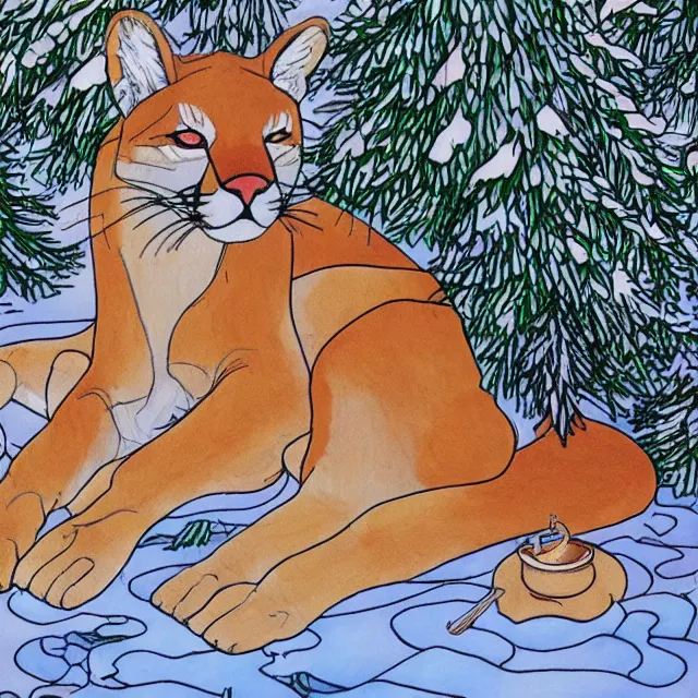 Prompt: magic marker colouring book showing 'a cougar sleeping in the middle of snowy pine tree' laying on coffee table, zoomed out shot, HD,