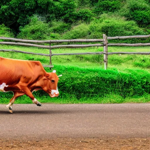 Image similar to cow running from a cage to a countryside