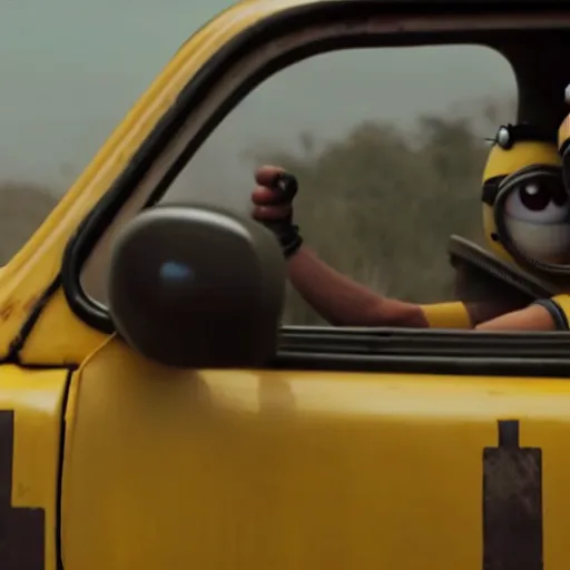 Prompt: a still of minions driving cars in mad max movie, highly detailed cinematography, cinematic, marvel cinematic