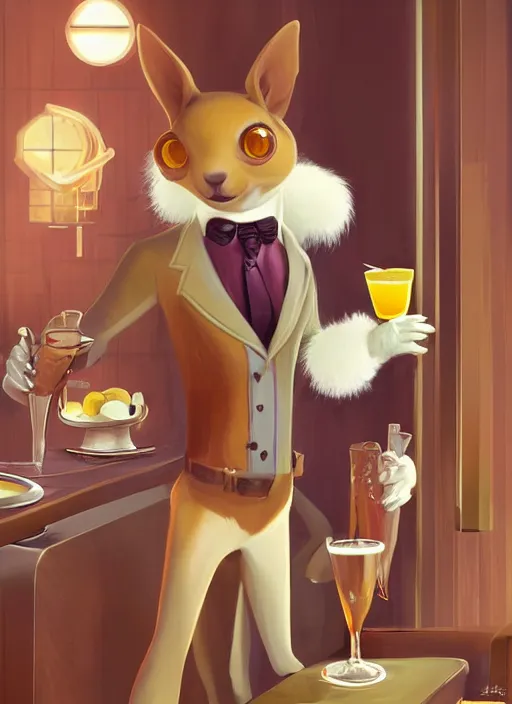 Image similar to squirrel anthro as a dapper bartender with a big, fluffy tail, retro futurism, art deco, detailed, painterly digital art by WLOP and Cory Loftis and Paul Gustav Fischer, 🐿🍸🍋, furaffinity, trending on artstation