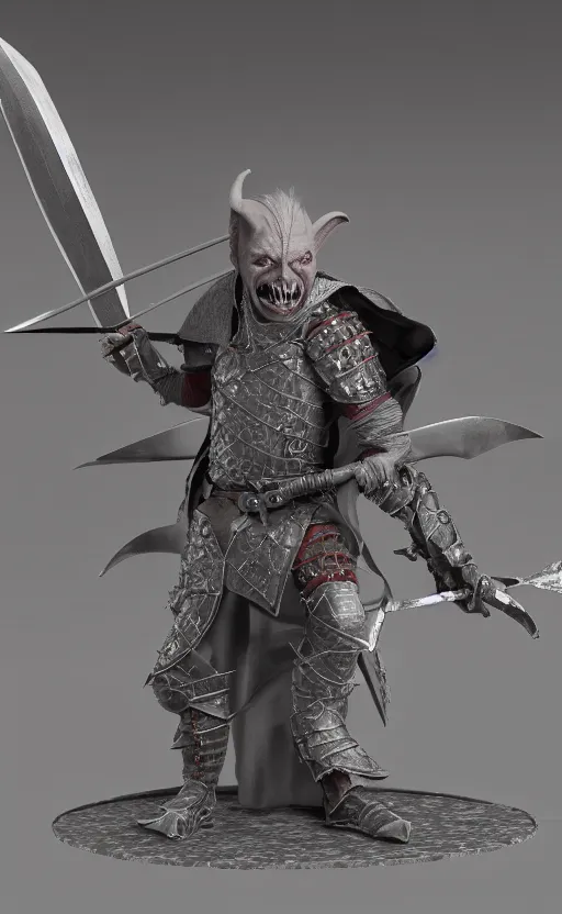 Prompt: Realistic Grey Goblin wearing cape and medieval armor holding a sword, 3D society, trending on artstarion, DND character, by Hirohiko Araki, 8K resolution, miniature, small character, beautiful