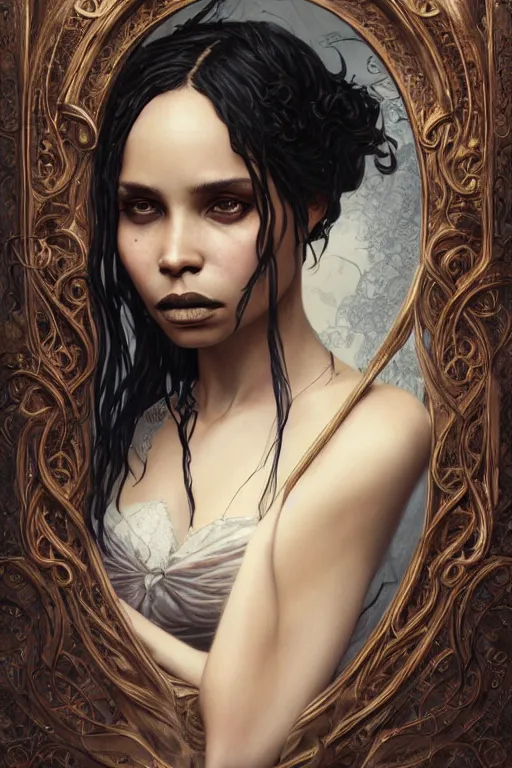 Image similar to ultra realistic illustration, zoe kravitz as the gothic vampire queen, intricate, elegant, highly detailed, digital painting, artstation, concept art, smooth, sharp focus, illustration, art by artgerm and greg rutkowski and alphonse mucha