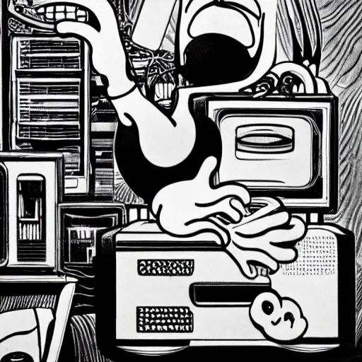Prompt: a black and white photograph of a man destroying a computer until it sparks, by gary baseman, by robert crumb, by jim henson, photorealistic, surreal, soft lighting, deep shadows, film photography