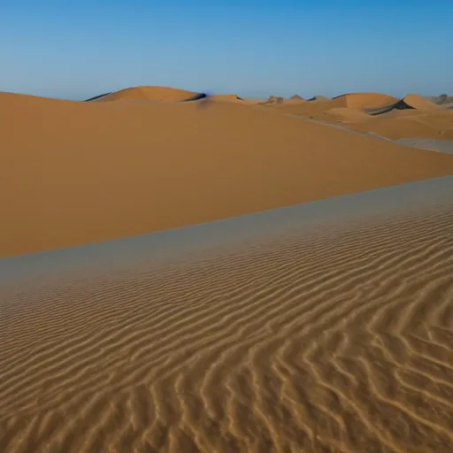 Prompt: a desert landscape like this one often features sand dunes. sand dunes, formed by the wind, come in many shapes and sizes. the direction of the wind can be indicated by the ripples in the dunes — the sides of dunes without ripples usually face the wind.