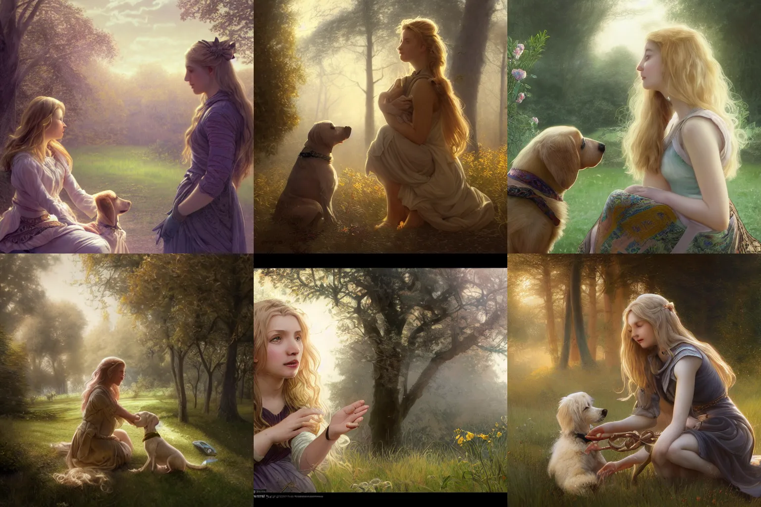 Prompt: a girl with blond wavy hair talks to her dog at the park, artstation, concept art, soft light, hdri, smooth, sharp focus, illustration, fantasy, intricate, elegant, highly detailed, D&D, matte painting, in the style of Greg Rutkowski and Alphonse Mucha and artemisia, 8k, highly detailed, jurgens, rutkowski, bouguereau, pastoral, rustic, georgic