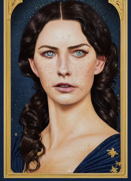 Image similar to portrait of a queen with green eyes and freckles, dressed in a navy blue gown with gold embroidered details, dark brown hair, detailed face, fantasy, cinematic lighting, digital art painting, fine details by realistic shaded lighting poster by ilya kuvshinov katsuhiro otomo, magali villeneuve, artgerm, jeremy lipkin and michael garmash and rob rey