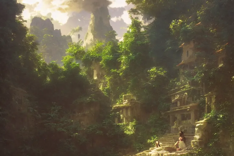 Image similar to detailed environment study lomo photo botw-studio-ghibli-William-Adolphe-Bouguereau-Hans-Zatzka #hyperreal #intricate #cinematic-composition, [32k hd]^10--w 450 | greek monoliths towering