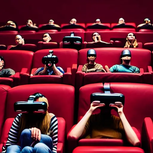 Prompt: people in a busy very dark movie theatre, all of they are wearing vr headsets with art direction by salvador dali, wide lens