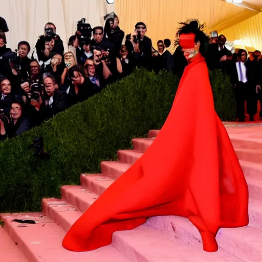 Image similar to rihanna on the met gala red carpet wearing a gown inspired by scooby doo