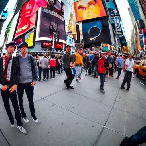 Image similar to award winning color photo, of all 3 Beastie boys, in New York times square, fisheye lens, detailed faces, close up, 8k, balanced composition