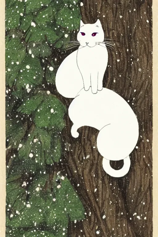 Image similar to white cat in the tree in winter day in the style ofukiyo-e