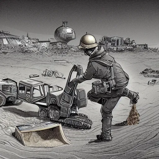 Prompt: in the distance, in the center of a large sand pit, there is a large golden ball in the sand, a broken excavator and a man in military uniform standing nearby, stylization of a book illustration, high - quality, depth of sharpness, focus on the object