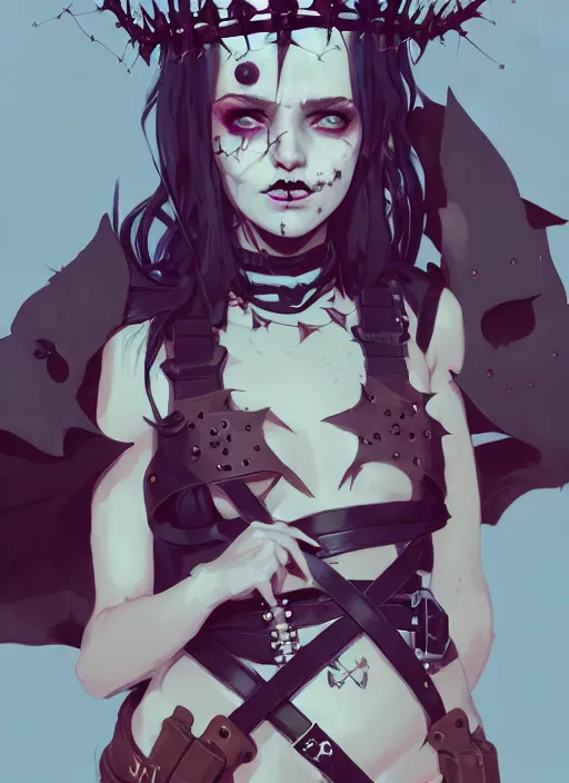 Image similar to portrait of cute goth maiden girl with crown of thorns, dressed in belts bikini, warhammer, cyberpunk, by atey ghailan, by greg rutkowski, by greg tocchini, by james gilleard, by joe gb fenton, by kaethe butcher, dynamic lighting, gradient light blue, brown, blonde cream and white color in scheme, grunge aesthetic