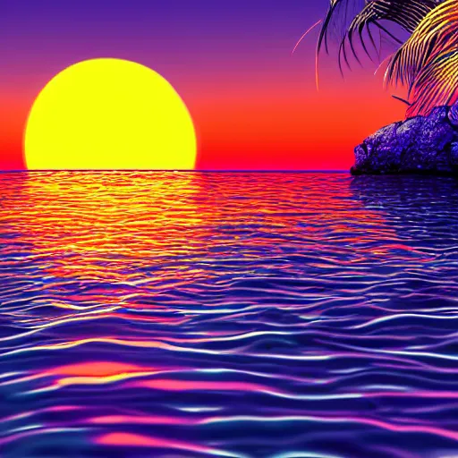 Prompt: A synthwave style sunset above the reflecting water of the sea, digital art