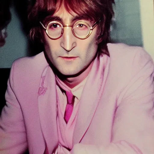 Prompt: john lennon in pink paradise, polaroid photo, perfect photo, photo pinterest, polaroid photo, perfect photo, photo pinterest