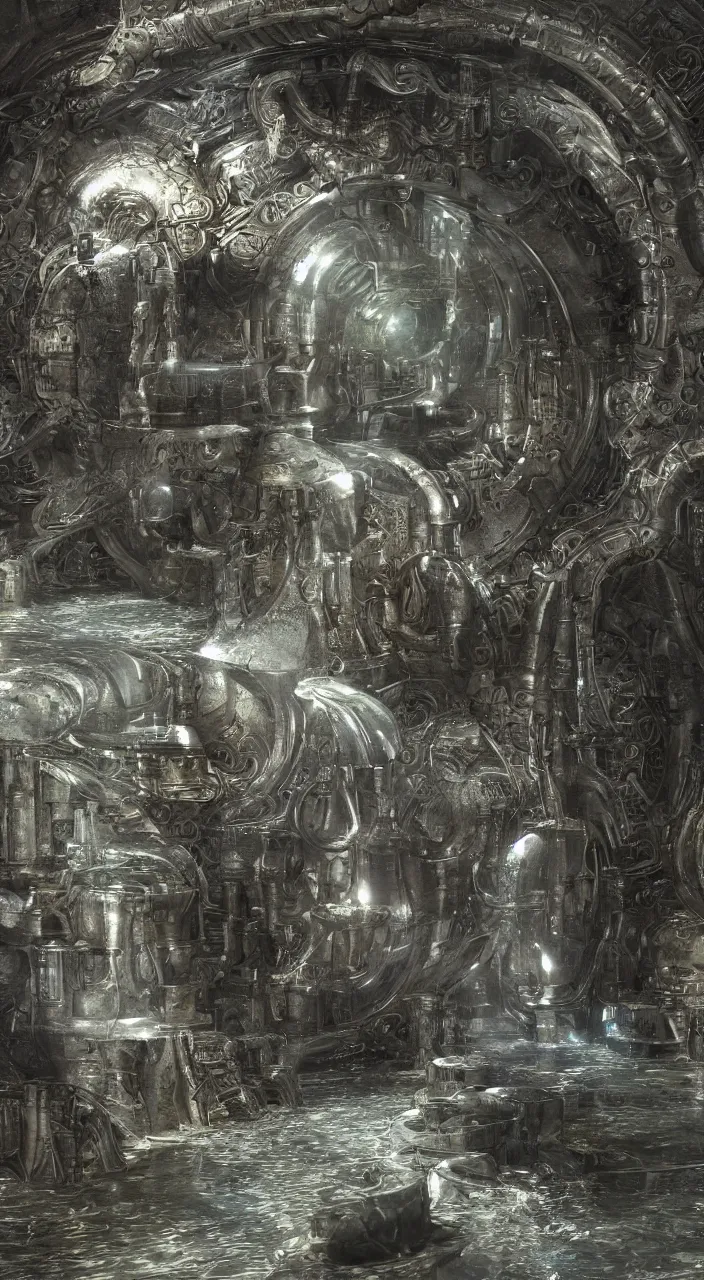 Prompt: a stream of water entering into a machine made from amphoras and producing a large coin, in the style of h r giger, futuristic, 3 d render, isometric, engineering, dynamic lighting.