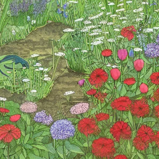 Prompt: a small garden blooming with wildflowers and herbs, close up shot, illustrated by hayao miyazaki, detailed, dewdrops glistening on the leaves