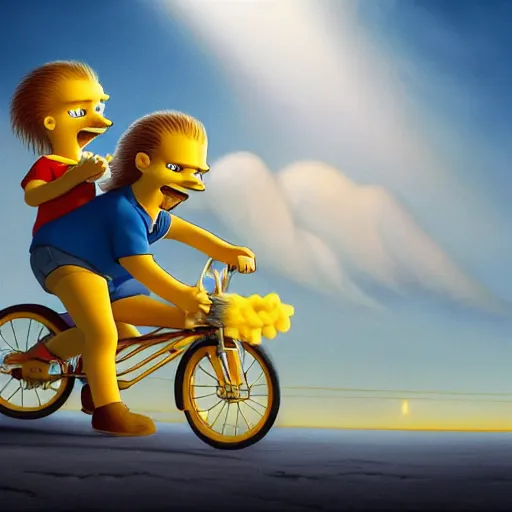 Image similar to Hyper realistic portrait of Joe Biden sniffing little Lisa Simpson's long flowing hair while they ride a bicycle together, little Lisa Simpson is sitting in the basket on the front of the bike, Cinematic lighting, ultra super good realistic 3D render by Gerald Brom and James Jean, Trending on Artstation, 8k, post processing, sharp focus