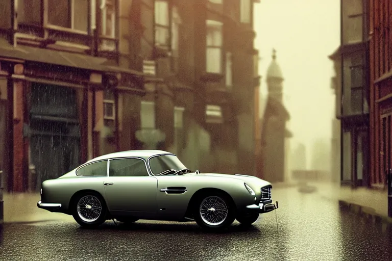 Image similar to a wholesome animation key shot of one focused aston martin db 5, parked on a side of a wet london street, raining, medium range, studio ghibli, pixar and disney animation, sharp, very detailed, octane render, 4 k, high resolution, anime key art by greg rutkowski, dull diffused side lighting