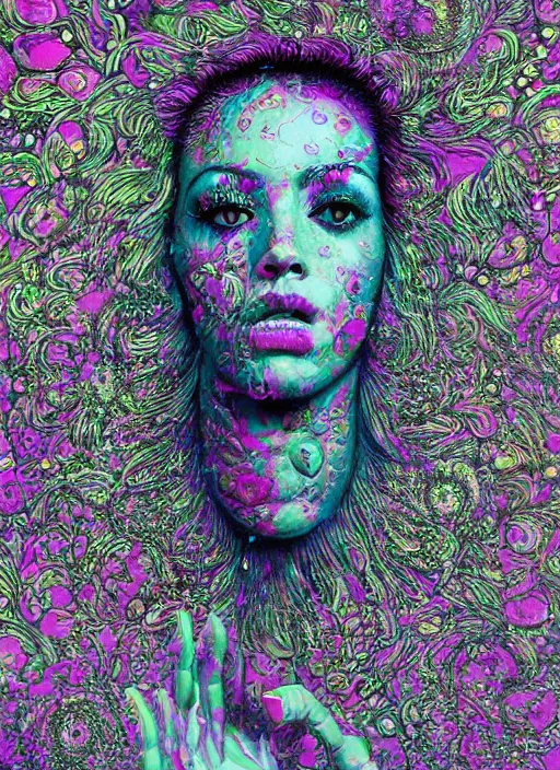 Prompt: Psychadelic goddess painting by Dan Hillier, trending on artstation, artstationHD, artstationHQ, 4k, 8k