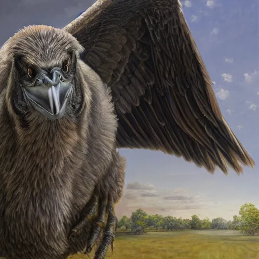 Image similar to wide-shot low-angle view of hippogriff highly detailed, sharp focus, digital painting, oil painting, artwork, museum work, by Robert Bateman, by Carl Brenders,