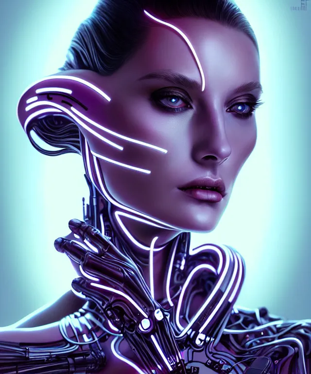 Image similar to Supermodel woman turning into an Android portrait, dark surrealism , scifi, intricate, elegant, sharp eyebrows, dark hair, highly detailed cybernetic body, neon glowing eyes, digital painting, artstation, concept art, smooth, sharp focus, illustration, art by artgerm and moebius and alphonse mucha