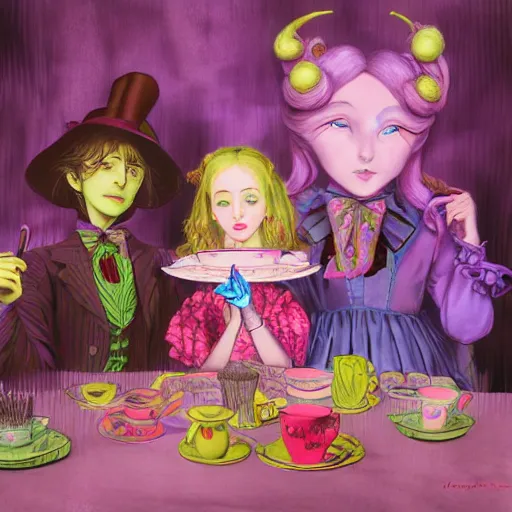 Image similar to 2 figures, Alice in Wonderland having a tea party with the Mad Hatter, in the style of Magic Realism, inspired by shoujo manga, harajuku street fashion, John Singer Sargent, Möbius, Neil Gaiman, yayoi kusama, Grimes, pastel goth, dramatic composition, ethereal, gradients and chromatic aberration effects, Victorian, moody, photorealistic 4k detail, Arnold render