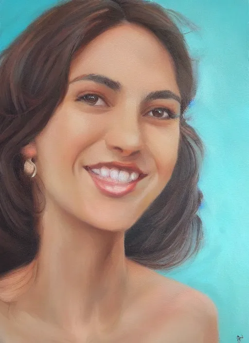 Image similar to beautiful portrait face centre oil on canvas of brunette with wavy hair, big mouth, smiling, Ebru Şahin, Reyyan, looks like Sabrina Ouazani , intricate, elegant, highly detailed, artstation, concept art, sharp focus, art by Alina Ivanchenko, Rob Ross, WLUP, artgerm