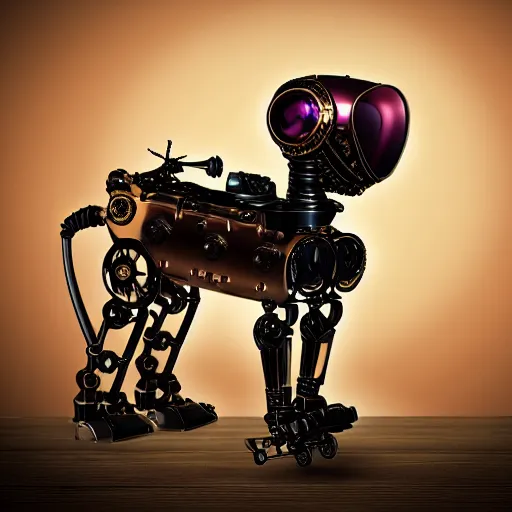 Image similar to steampunk robot dog gold black and rose, shiny golden, studio light, 4 k, highly detailed, black background, light on top