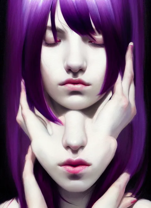 Image similar to portrait of teenage girl, red irises, bangs, black and white hair, white bangs, purple clothes, white bangs, two color hair, black hair and white bangs, intricate, elegant, glowing lights, highly detailed, digital painting, artstation, concept art, smooth, sharp focus, illustration, art by wlop, mars ravelo and greg rutkowski