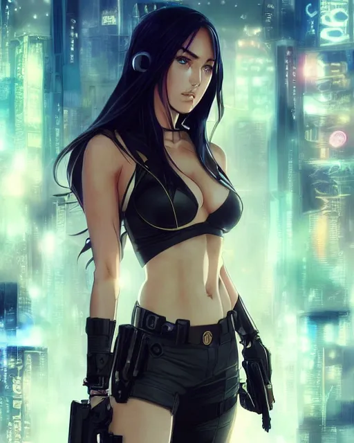 Prompt: anime key visual of megan fox police officer, cyberpunk, futuristic, perfect eyes, stunning features, perfect face!!, high details, digital painting, artstation, smooth face, soft focus, illustration, art by artgerm and greg rutkowski and alphonse mucha