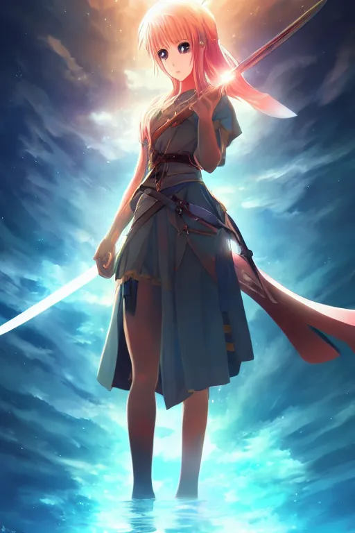 Image similar to Anime key visual of a young lady holding her sword in the air with a beam of light shining on it, intricate, magical island, stunning, digital painting, artstation, illustration, graphic design, soft lighting, sword reflection, art by Viktor Berendeev