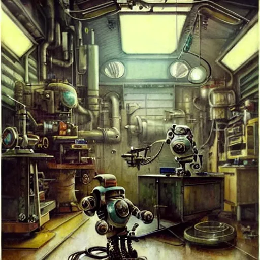 Image similar to ( ( ( ( ( 1 9 5 0 s retro science fiction cluttered robot mechanics shop interior scene. muted colors. ) ) ) ) ) by jean - baptiste monge!!!!!!!!!!!!!!!!!!!!!!!!!!!!!!